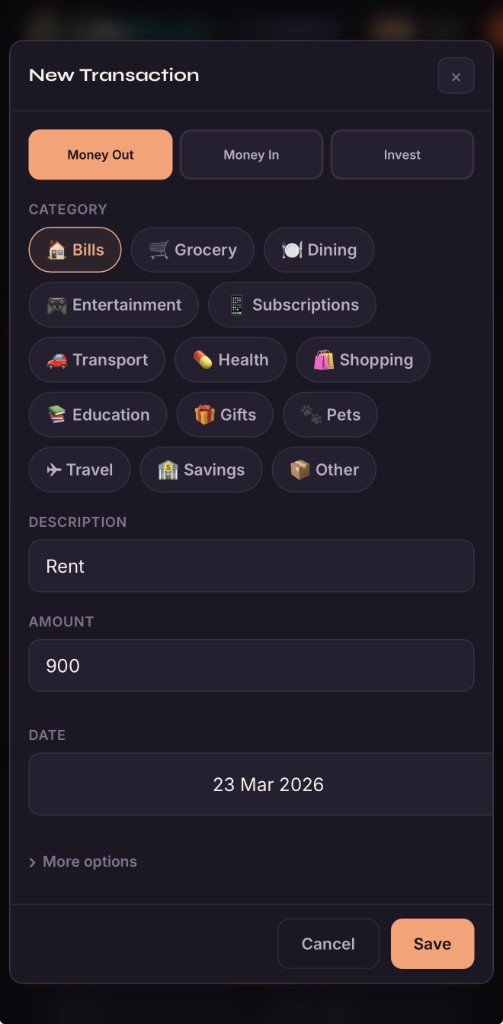 LiteWork Finance add transaction screen on mobile