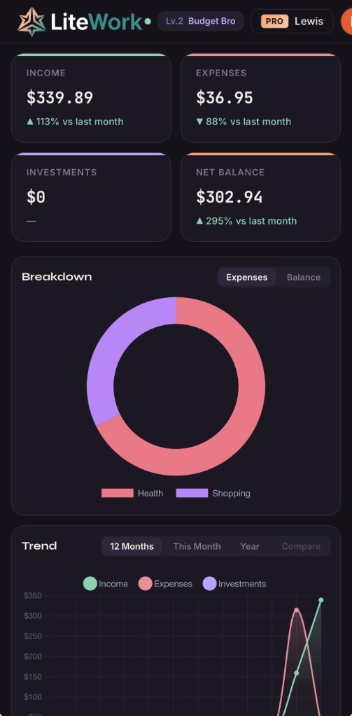LiteWork Finance budget dashboard on mobile